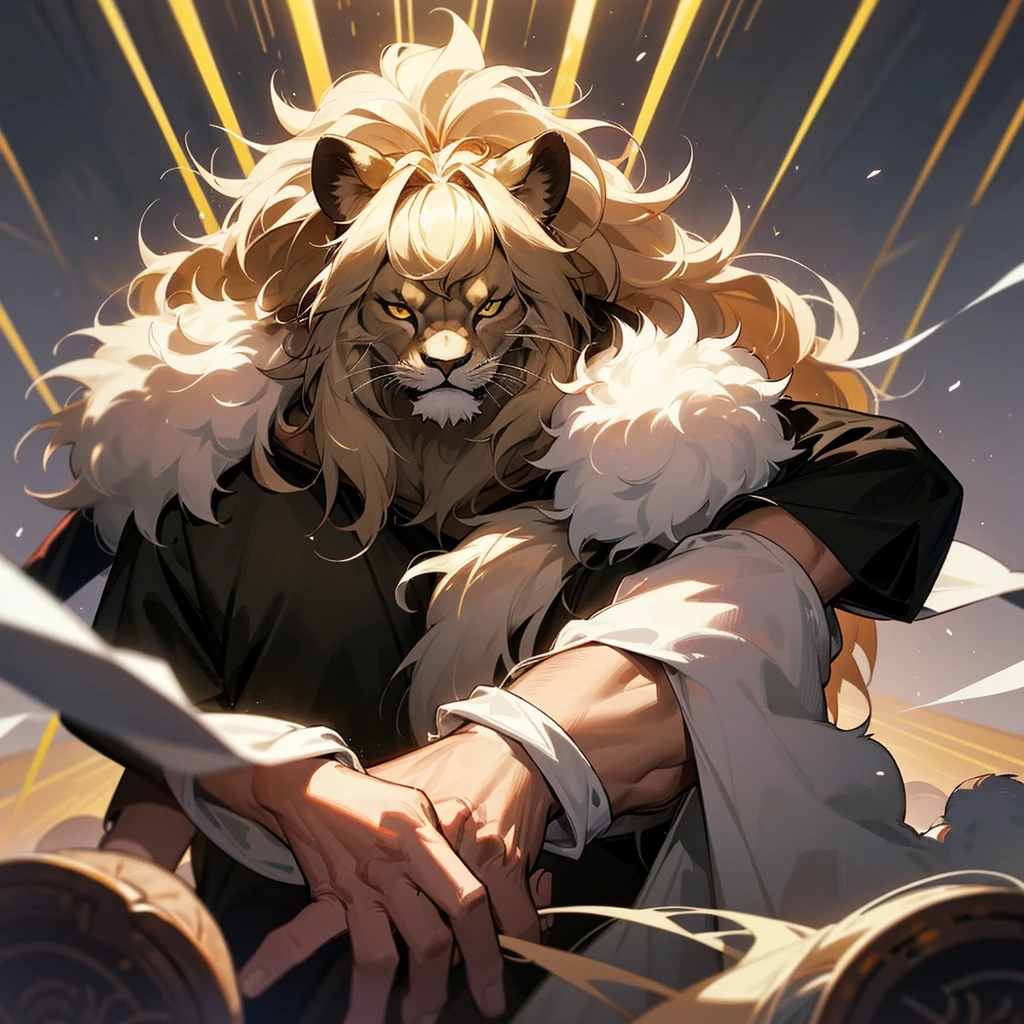 A lion-man hybrid named Azarel with the softest fur you’d ever touch is being kept by scientists in an enclosure to be tested, they wanted to see how it would react with a human being brought to it, little did they know it was in extreme rut being all alone with no mate… and now it finally has one… It speaks with a deep gravely voice and has two curved goat horns upon its head that curve around its ears, its head and face are mostly lion with a large fluffy mane but it’s body is more man-like.