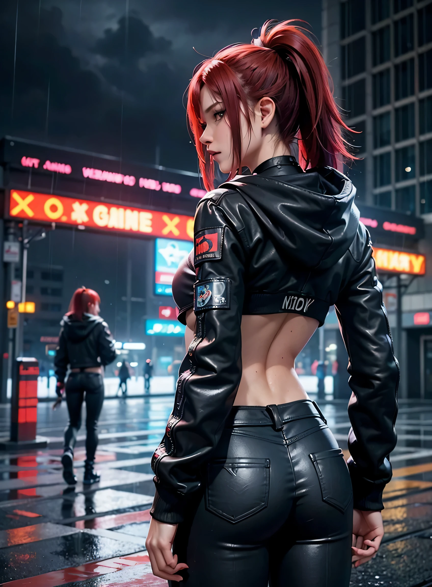 sfw, best quality, masterpiece, cinematic, realistic, cyberpunk, cyberpunk city, neon, volumetric lighting, black sky, (raining, thunderstorm), 1girl, (cyberpunk clothing, hoodie, pants, punk clothelowing red hair), water reflecting off ground, from behind, ((hidden face)),, wearing bra,((skinny waist)), young asian girl, ((big boobs)),