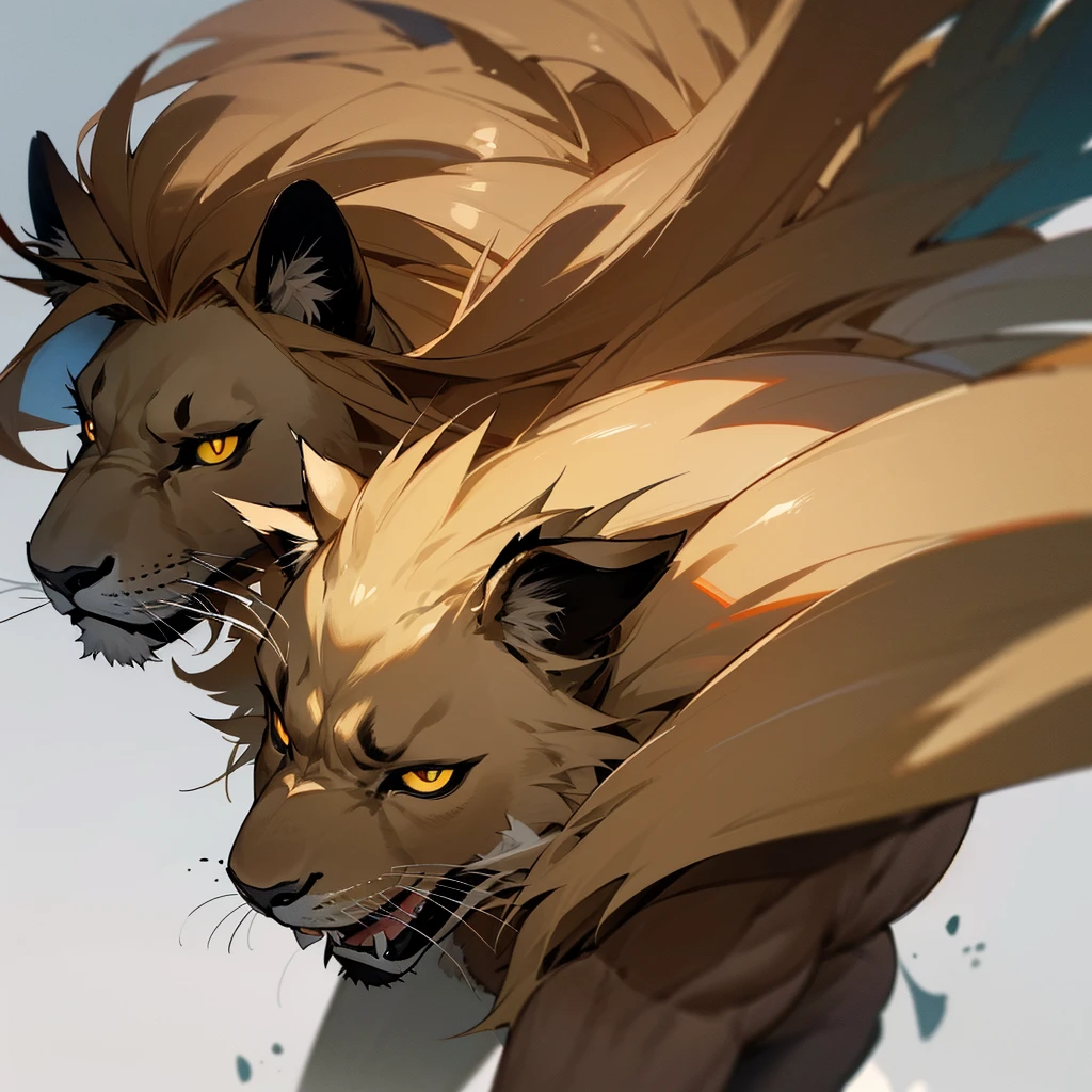 (best quality,4k,8k,highres,masterpiece:1.2),ultra-detailed,(realistic,photorealistic,photo-realistic:1.37),lion monster,goat horns,man-like features,savannah setting,ferocious expression,sharp fangs,beady eyes,bulging muscles,glistening fur,dark and menacing atmosphere,mythical creature,imposing presence,majestic mane,muscular body,impressive size,fierce growl,dark color palette,ominous lighting,hint of smoke,subtle texture,dramatic shadows,majestic pose, full body covered in fur but muscles are visible, fluffy, fierce male lion, snarl, licking his lips, tail, half lion half human, savannah, savannah background, Savannah setting, portrait, one character, A lion-man hybrid named Azarel with the softest fur you’d ever touch is being kept by scientists in an enclosure to be tested, they wanted to see how it would react with a human being brought to it, little did they know it was in extreme rut being all alone with no mate… and now it finally has one… It speaks with a deep gravely voice and has two curved goat horns upon its head that curve around its ears, its head and face are mostly lion with a large fluffy mane but it’s body is more man-like.
