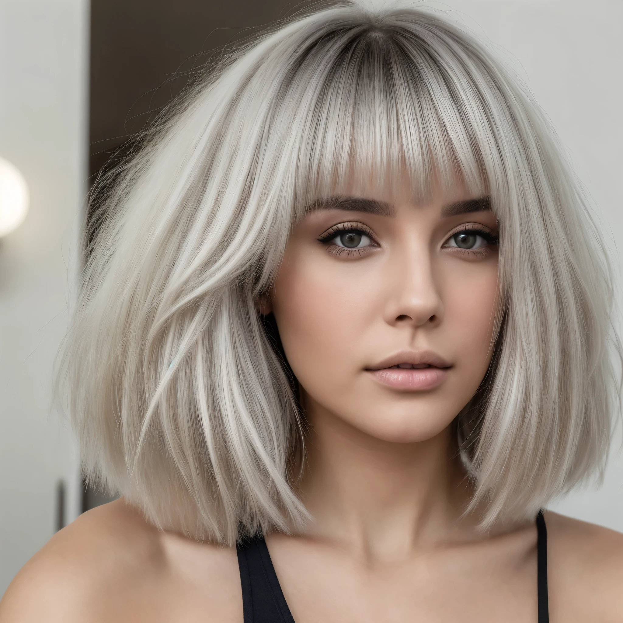 Realistic photo of a beautiful woman with short white hair with bangs, slightly bleached hair roots, Colombia, influencer model, gray eyes, no makeup, instagram, Realistic photo of a beautiful woman with short white hair with bangs, hair roots slightly faded bleached, at home, colombian woman, influencer model, gray eyes, no makeup, instagram