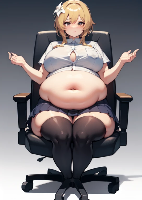 (masterpiece, best quality), 1girls, big belly, blurry background, huge belly, art by kipteitei, round belly, chubby, curvy, white button-up shirt, skirt, thighhighs, simple_background, gradient_background, belly bursting out of shirt, belly grab, enormous belly, fat belly, thicc, bigger belly, sitting on chair, really big belly, jiggly belly, shirt covering belly, belly cover by shirt