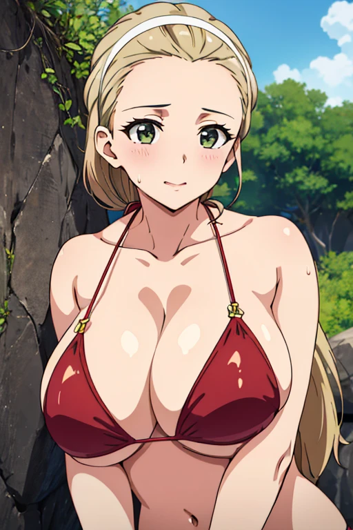 (masterpiece, top-quality, detaile, hight resolution, extremely delicate and beautiful, anime screen cap, anime colours, 8k, photorealistic), (red Micro ??????:1.5), (huge drooping ???????:1.5, cleavage:1.5, from front:2.0), akebi sasaki, hairband, 1girl, (15 years old), dark green eyes, smile, blush, ((?????????:2.0, Upper body, ??????? forcus:1.3)), ((perfect detailed ???????, Beautiful details eyes&hair,  beautiful face, beautiful detailed ??????&body, Shiny skin)), beach, Sweat,