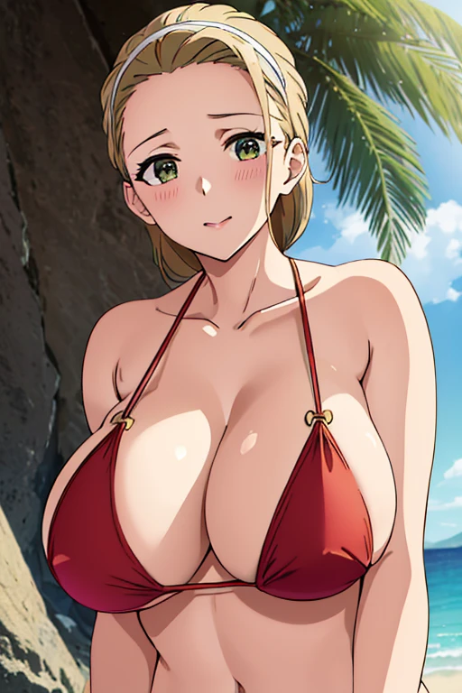 (masterpiece, top-quality, detaile, hight resolution, extremely delicate and beautiful, anime screen cap, anime colours, 8k, photorealistic), (red Micro Bikini:1.5), (huge drooping breasts:1.5, cleavage:1.5, from front:2.0), akebi sasaki, hairband, 1girl, (15 years old), dark green eyes, smile, blush, ((all fours:2.0, Upper body, breasts forcus:1.3)), ((perfect detailed anatomy, Beautiful details eyes&hair,  beautiful face, beautiful detailed breast&body, Shiny skin)), beach, Sweat,