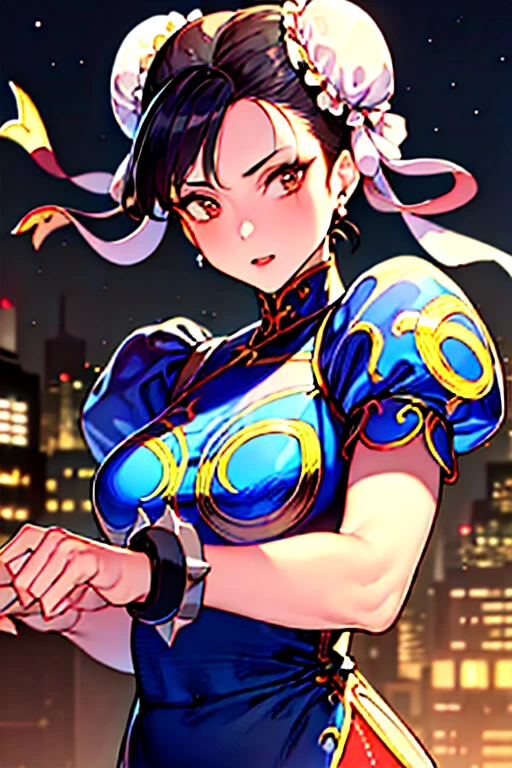 ((masterpiece,best qualtiy)),1girl,solo,ChunLi,upper body,beautiful night street background