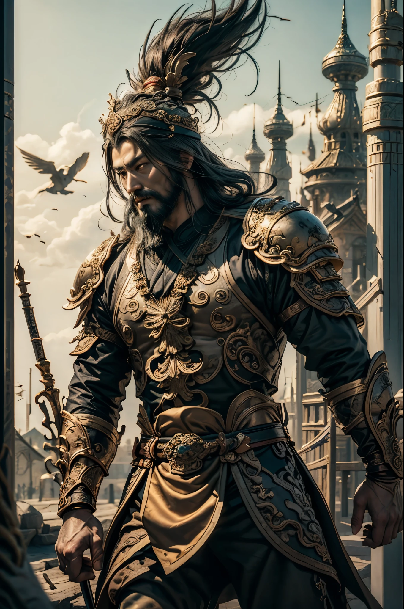 Men's, Three Kingdoms legends, fighters, Guan Yu, the great god Guan Yu, older men, giant spears are his weapons.  ，fierce，strange，quality  16k，Lots of facial details，Good composition，Cinema feel，Lighting from top to bottom，Facial details，Extra details