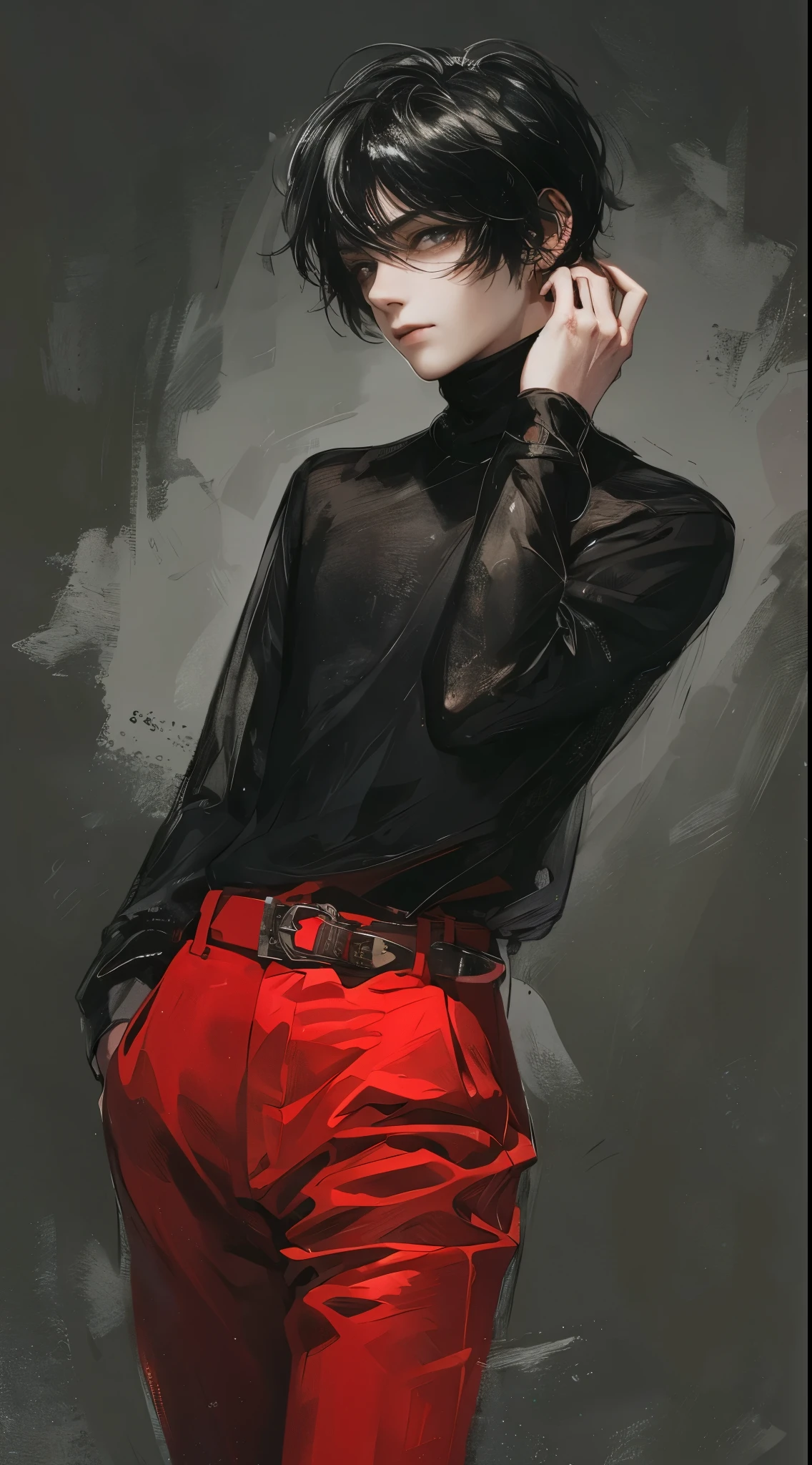 beautiful young male, black hair, turns around, hair spreads with the force of the turn, black sheer turtleneck, red pants, dark gray background, shadows, put one hand on your neck,high quality, amount of drawing, pixiv illustration