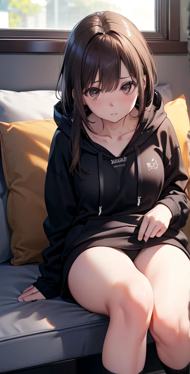 ultra-detailliert, hight resolution, (Realistic, Photorealistic: 1.4), 8K, Raw photo, (masutepiece), (Best Quality), physically-based renderingt, Female college student, long brown hair, aquariums、Black hoodie、de pele branca、、Loose socks、Chest chiller