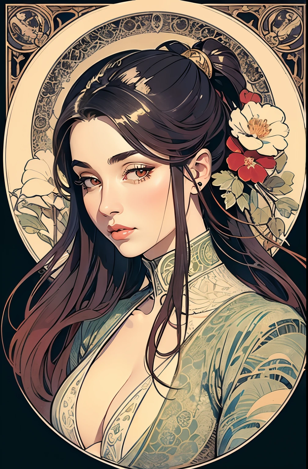 ((masterpiece)), (best quality), (cinematic),  art nouveau style Japanese ink painting , the Goddess of the Moon , large breasts, big eyes, long thick eyelashes, cleavage, full lips, dark red eyes, long thick hair,  high ponytail, accessories, flower_background, featuring intricate designs and patterns in the style of Alphonse Mucha.