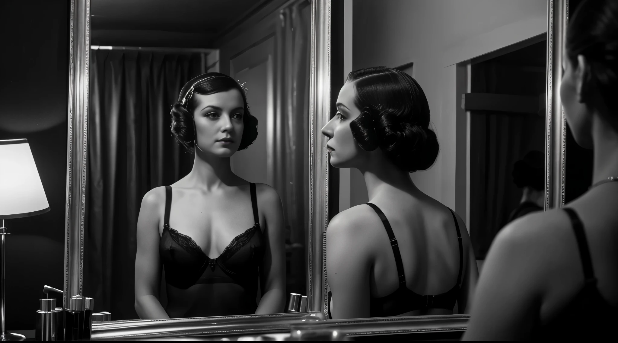 Masterpiece, photorealistic, 1930's Journalism photography, medium shot of a woman wearing black lingerie, looking at herself in the make up mirror, she is reflecting in the mirror, in the backstage of Can Can club