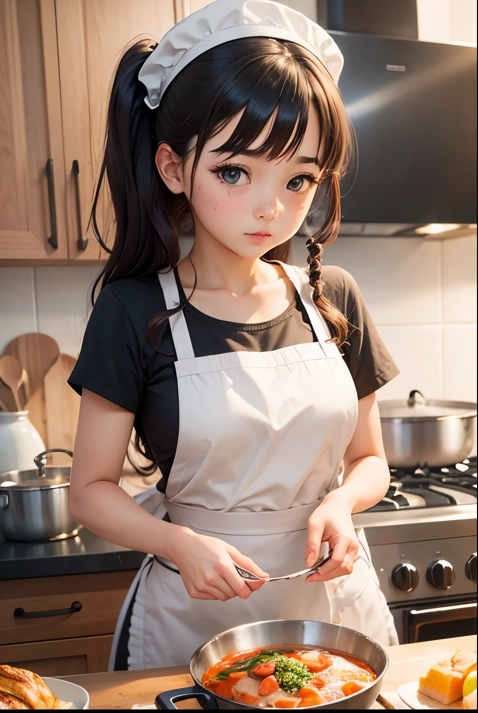 girl, in a mini dress, at home, cooking a bolonghese pasta