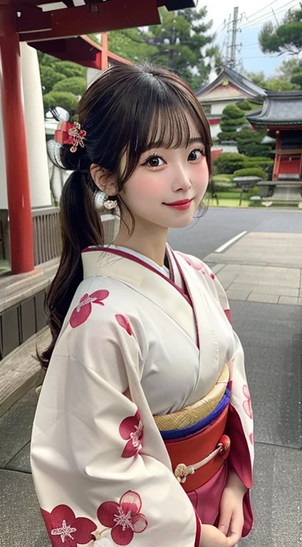 (hightquality、masterpiece、ultra res、Taken in long shot),in 8K, (japanese beauty girl(Clear eyes:1.3)、Very young girl、A girl with a cute smile、 10-year-old female model(Super cute face in idol style:1.2))、(Hairstyle in a ponytail, Bangs are snappy)、(The area around the genitals is smooth、The genitals are so real)、(Breasts are small、A well-balanced slender nude figure)、((The whole body of the girl from head to foot、Taken in full shot))、(New Year in Japan、shrines、torii gate),((Kimono、furisode、Wafuku)、(Sakura hair ornament、journey))