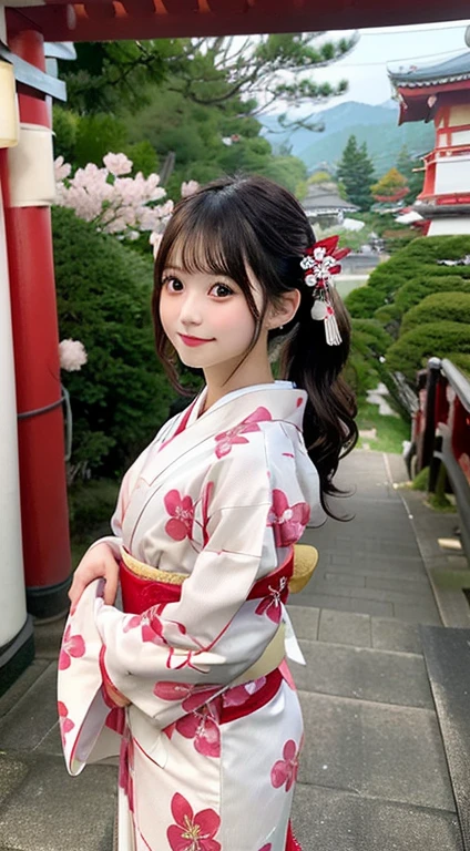 (hightquality、​masterpiece、ultra res、Taken in long shot),in 8K, (japanese beauty girl(Clear eyes:1.3)、Very young girl、A girl with a cute smile、 -yeld fee model(Super cute face in idol style:1.2))、(Hairstyle in a ponytail, Bangs are snappy)、(The area around the genitals is smooth、The genitals are so real)、(Breasts are small、A well-balanced slender nude figure)、((The whole body of the girl from head to foot、Taken in full shot))、(New Year in Japan、shrines、torii gate),((Kimono、furisode、Wafuku)、(Sakura hair ornament、journey))