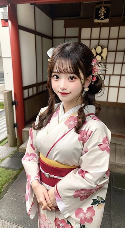 (hightquality、​masterpiece、ultra res、Taken in long shot),in 8K, (japanese beauty girl(Clear eyes:1.3)、Very young girl、A girl with a cute smile、 10-year-old female model(Super cute face in idol style:1.2))、(Hairstyle in a ponytail, Bangs are snappy)、(The area around the genitals is smooth、The genitals are so real)、(Breasts are small、A well-balanced slender nude figure)、((The whole body of the girl from head to foot、Taken in full shot))、(New Year in Japan、shrines、torii gate),((Kimono、furisode、Wafuku)、(Sakura hair ornament、journey))