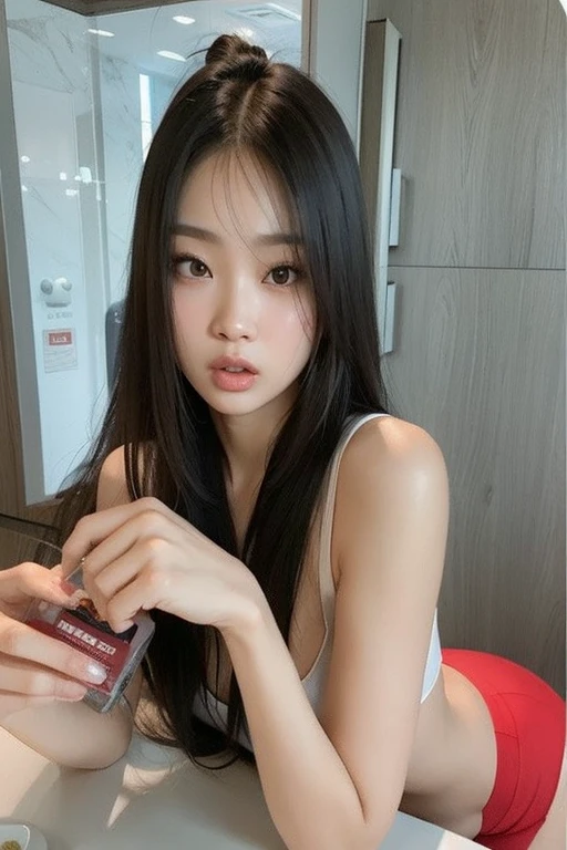 there is a woman in a red bikini holding a cell phone, hermosa joven coreana, muchacha coreana, 18 years, hermosa mujer surcoreana, 22 years, Gongbi, 21 years, 28 years old, 27 years old, Jennie rosa negra, Yoshitomo Nara, heonhwa choe