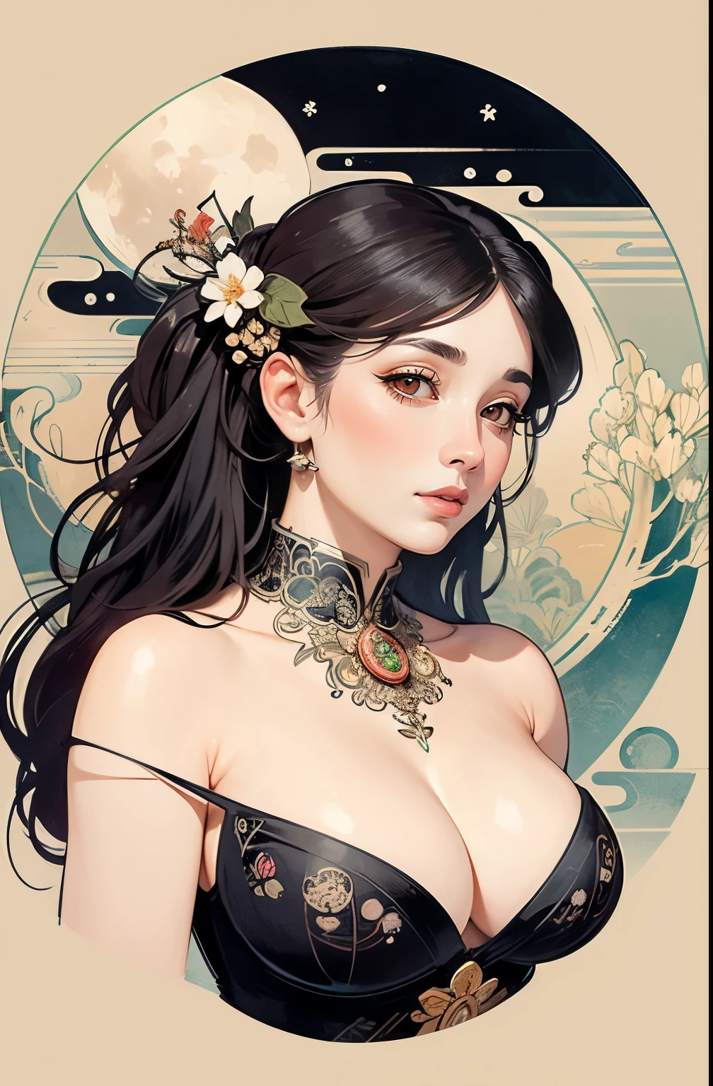 ((masterpiece)), (best quality), (cinematic), (Japanese ink painting) , the Goddess of the Moon , large breasts, big eyes, long thick eyelashes, cleavage, full lips, dark red eyes, long thick hair,  high ponytail, accessories, flower_background, featuring intricate designs and patterns in the style of Alphonse Mucha.