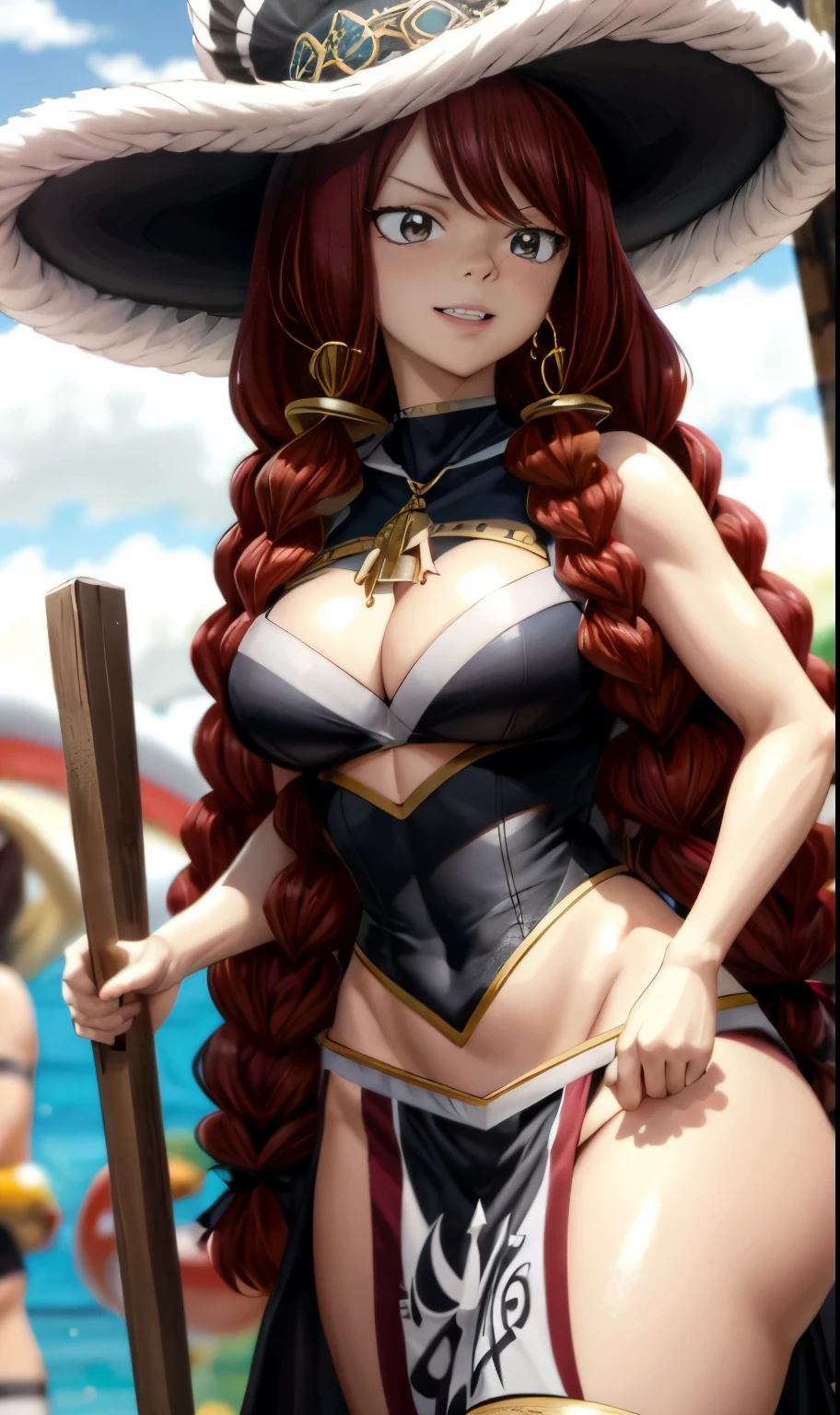 anime fairy tail, personaje Irene, cabello rojo con dos colas, pecho grande, trasero grande, Curvaceous Body, rostro hermoso, vestimenta de una hechicera, un sombrero de hechicera, ojos hermosos, una sonrisa atractiva, buena calidad, 4k. cuerpo de una mujer adulta, with good physique, atractiva con buena figura., calidad 4k. cuerpo o figura atractivo, mujer madura.