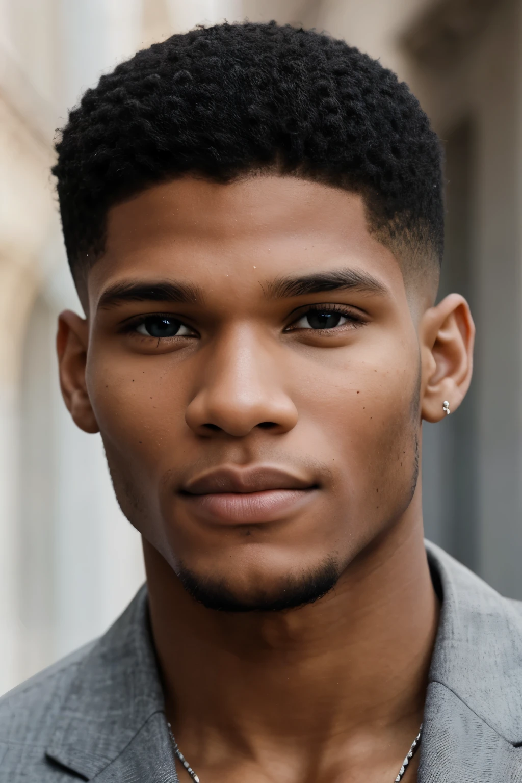 young man interracial aux cheveux bruns bouclés, yeux gris, very beautiful, visage parfait, resembling Rome Flynn