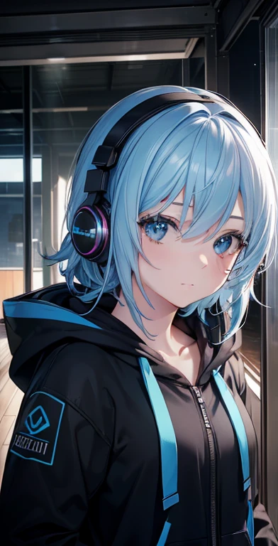 ultra-detailliert, hight resolution, (Realistic, Photorealistic: 1.4), 8K, Raw photo, (masutepiece), (Best Quality), Female college student、Black hoodie、lightblue hair、Long、Blue headphones、Chest chiller、aquariums