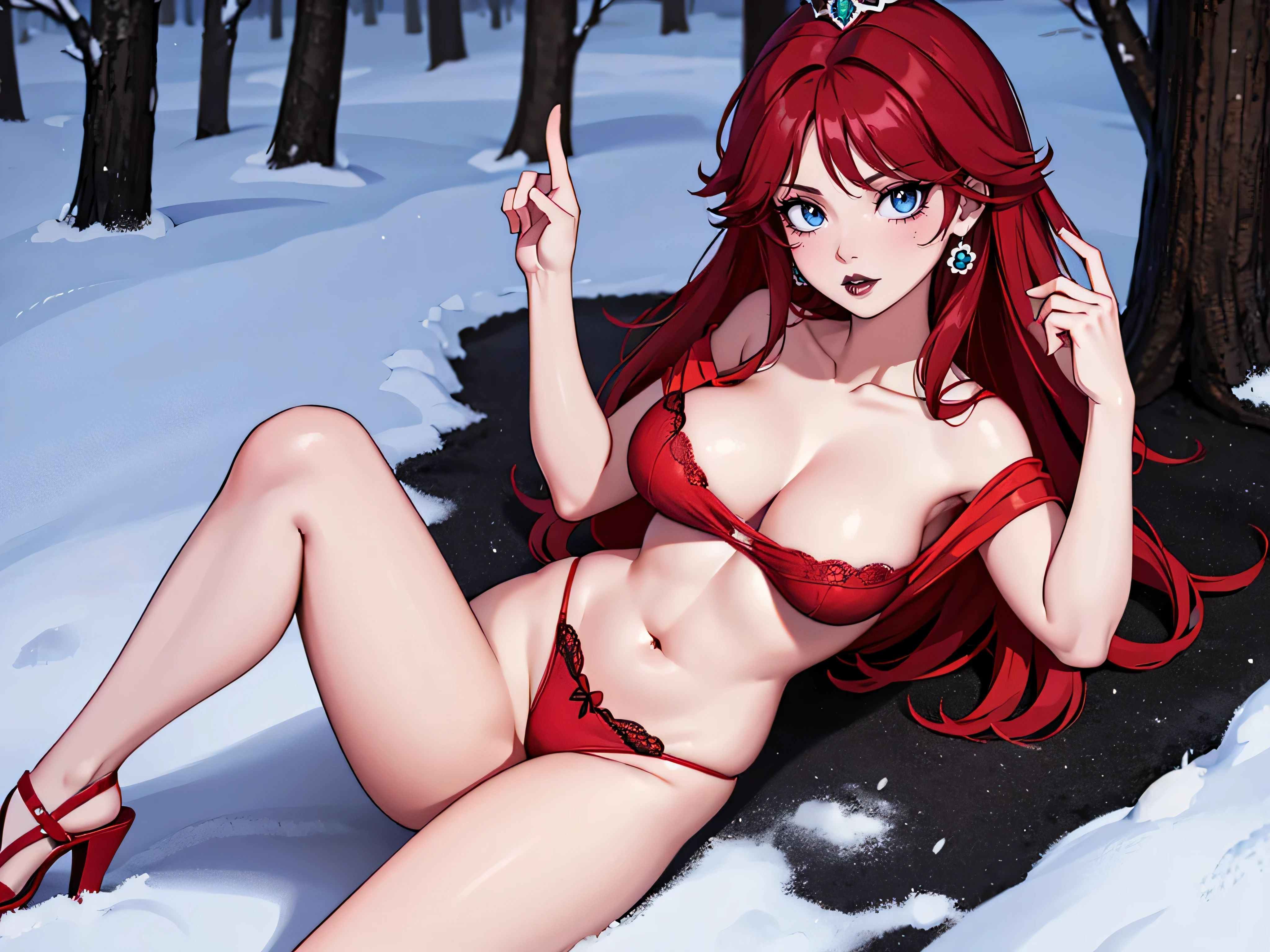 ((high detailed, best quality, 4k, masterpiece, hd:1.3)), ((best quality)), (((HD))), (((8k))), (ultraDH), (ultra HD), Snowy Forest background, snowflake pattern, frozen forest, a full-length shot of Princess Daisy lying on the snow on the floor, in the winter mountain, neon blue eyes, BREAK blue eyes, seductive, attractive, shy_smile, smooth anime cg art, 36C_breasts, cleavage, long legs, vivid colors, detailed digital art, slim body, perfect skin, dark red hair, long red hair, dark hair, red hair, wet hair, wet red hair, wet_dark_red_hair, BREAK crown, looking at viewer, BREAK looking at viewer, extremely detailed face, using only a red_santa_claus_lingerie, using only a red_santa_lingerie, santa claus lingerie, santa lingerie, sexy_mini_red_thong, sexy_mini_red_gstring_thong, earrings, gem, (red high heels), dark black makeup lips, dark gothic eyeshadows, dark eyeshadows, black eyeshadows, black sexy lips, black lips, (dark:1.2), dark lips, very dark lips, (perfect_hands), (perfect_anatomy), black makeup, black medium lips, detailed_fingers, five_fingers_per_hand, 5_fingers, five_fingers, (1 girl), ((1 solo girl)), detailed_lips, detailed black lips, black painted lips, gothic painted lips, (off shoulder:1.1),