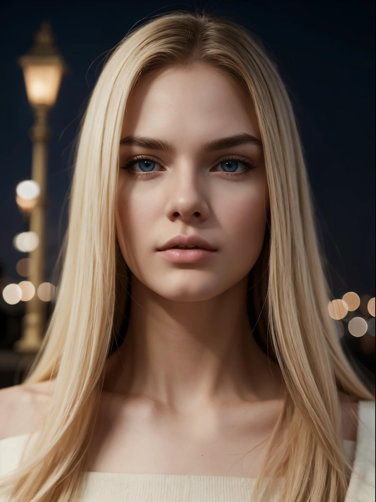 Masterpiece, Highest Quality, (Solo focus), (a perfect face:1.1), (high detail:1.1), (Hyper-Detailed Eyes), dramatic, (1guy:0.5), (pale skin), longue blonde hair, Ethereal eyes, (light eyebrows,), 独奏, Long hair, Jordan Barrett, luna, night time, pouty lips, fur, A proud expression, Beautiful city, Detailed background, art by artgerm, Cinematic lighting, roses, moda, BalenciagaStyle, sweater, bare shoulders, focus distance 4 meters, far