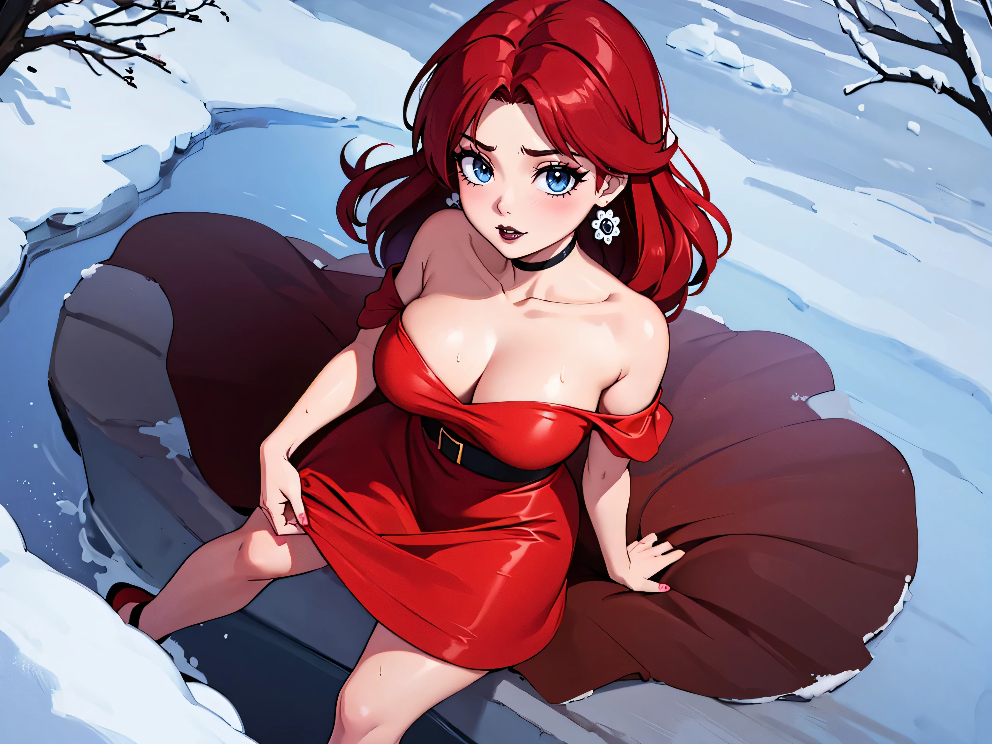 ((high detailed, best quality, 4k, masterpiece, hd:1.3)), ((best quality)), (((HD))), (((8k))), (ultraDH), (ultra HD), Snowy Forest background, snowflake pattern, frozen forest, a full-length shot of Princess Daisy lying on the snow on the floor, in the winter mountain, neon blue eyes, BREAK blue eyes, seductive, attractive, shy_smile, smooth anime cg art, 36C_breasts, cleavage, long legs, vivid colors, detailed digital art, slim body, perfect skin, dark red hair, long red hair, dark hair, red hair, wet hair, wet red hair, wet_dark_red_hair, BREAK crown, looking at viewer, BREAK looking at viewer, extremely detailed face, using only a red_santa_claus_lingerie, using only a red_santa_lingerie, santa claus lingerie, santa lingerie, sexy_mini_red_thong, sexy_mini_red_gstring_thong, earrings, gem, (red high heels), dark black makeup lips, dark gothic eyeshadows, dark eyeshadows, black eyeshadows, black sexy lips, black lips, (dark:1.2), dark lips, very dark lips, (perfect_hands), (perfect_anatomy), black makeup, black medium lips, detailed_fingers, five_fingers_per_hand, 5_fingers, five_fingers, (1 girl), ((1 solo girl)), detailed_lips, detailed black lips, black painted lips, gothic painted lips, (off shoulder:1.1),