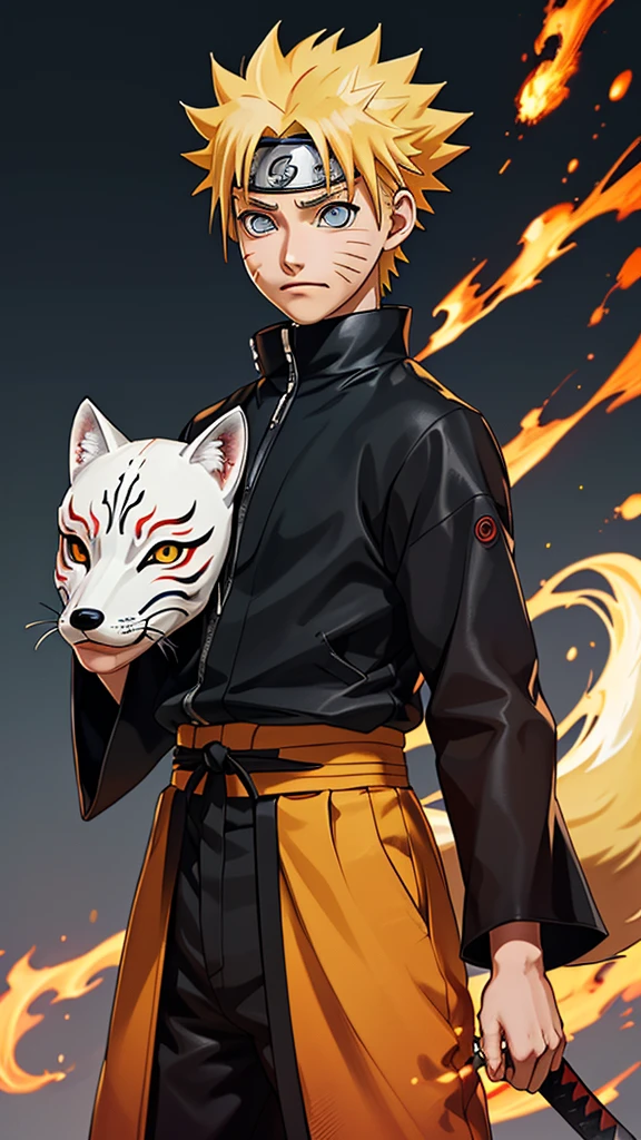 (naruto uzumaki) *****-****-*** boy with golden blonde hair and serulean blue eyes dressed in black clothing and a gray anti-flash vest and a short sword on the left side of his back and a white and red fox mask in one of his hands and at his side a girl just like (naruto uzumaki) like (naruko uzumaki) and in the girl's left hand a katana and in her right hand a black and blue fox mask