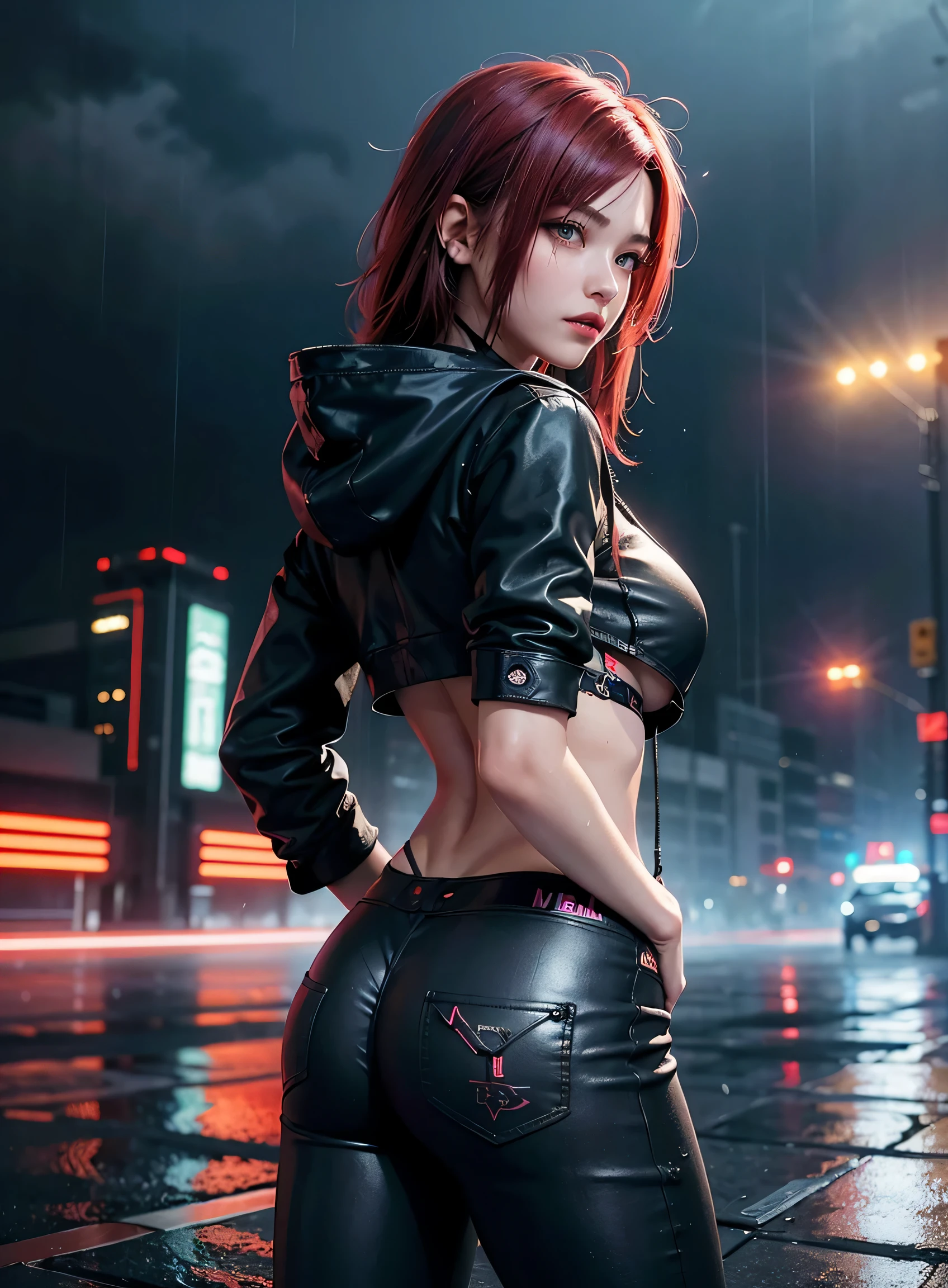 sfw, best quality, masterpiece, cinematic, realistic, cyberpunk, cyberpunk city, neon, volumetric lighting, black sky, (raining, thunderstorm), 1girl, (cyberpunk clothing, hoodie, pants, punk clothelowing red hair), water reflecting off ground, from behind, ((hidden face)),, wearing bra,((skinny waist)), young asian girl, ((big boobs)),