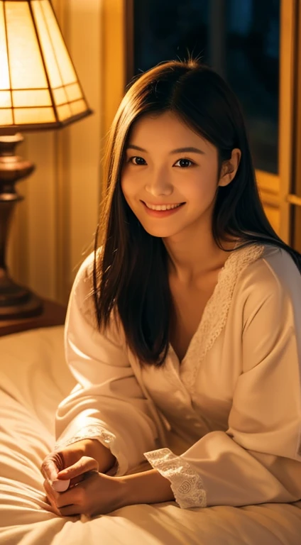 Photorealistic, high-quality 32k photo of a beautiful Japanese girl in elegant sleepwear, with detailed eyes and a serene smile, in a bedroom softly illuminated by candlelight. The gentle glow of the candles casts a warm, romantic light across the room, highlighting her peaceful expression and the intimate, soothing ambiance of the bedroom