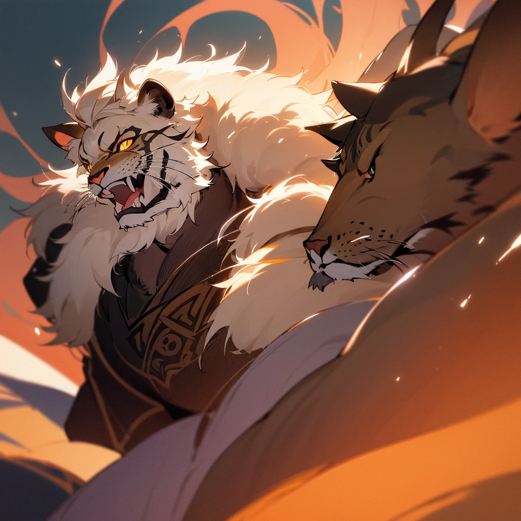 (best quality,4k,8k,highres,masterpiece:1.2),ultra-detailed,(realistic,photorealistic,photo-realistic:1.37),lion monster,goat horns,man-like features,savannah setting, curved ram horns, curved goat horns around ears, goat horns, ram horns, ferocious expression,sharp fangs,beady eyes,bulging muscles,glistening fur,dark and menacing atmosphere,mythical creature, licking his lips seductively, licking chops, licking his lips with a smirk, imposing presence,majestic mane,muscular body,impressive size,fierce growl,dark color palette,ominous lighting,hint of smoke,subtle texture,dramatic shadows,majestic pose, full body covered in fur but muscles are visible, fluffy, fierce male lion, snarl, licking his lips, tail, half lion half human, savannah, savannah background, Savannah setting, portrait, one character, A lion-man hybrid named Azarel with the softest fur you’d ever touch is being kept by scientists in an enclosure to be tested, they wanted to see how it would react with a human being brought to it, little did they know it was in extreme rut being all alone with no mate… and now it finally has one… It speaks with a deep gravely voice and has two curved goat horns upon its head that curve around its ears, its head and face are mostly lion with a large fluffy mane but it’s body is more man-like.