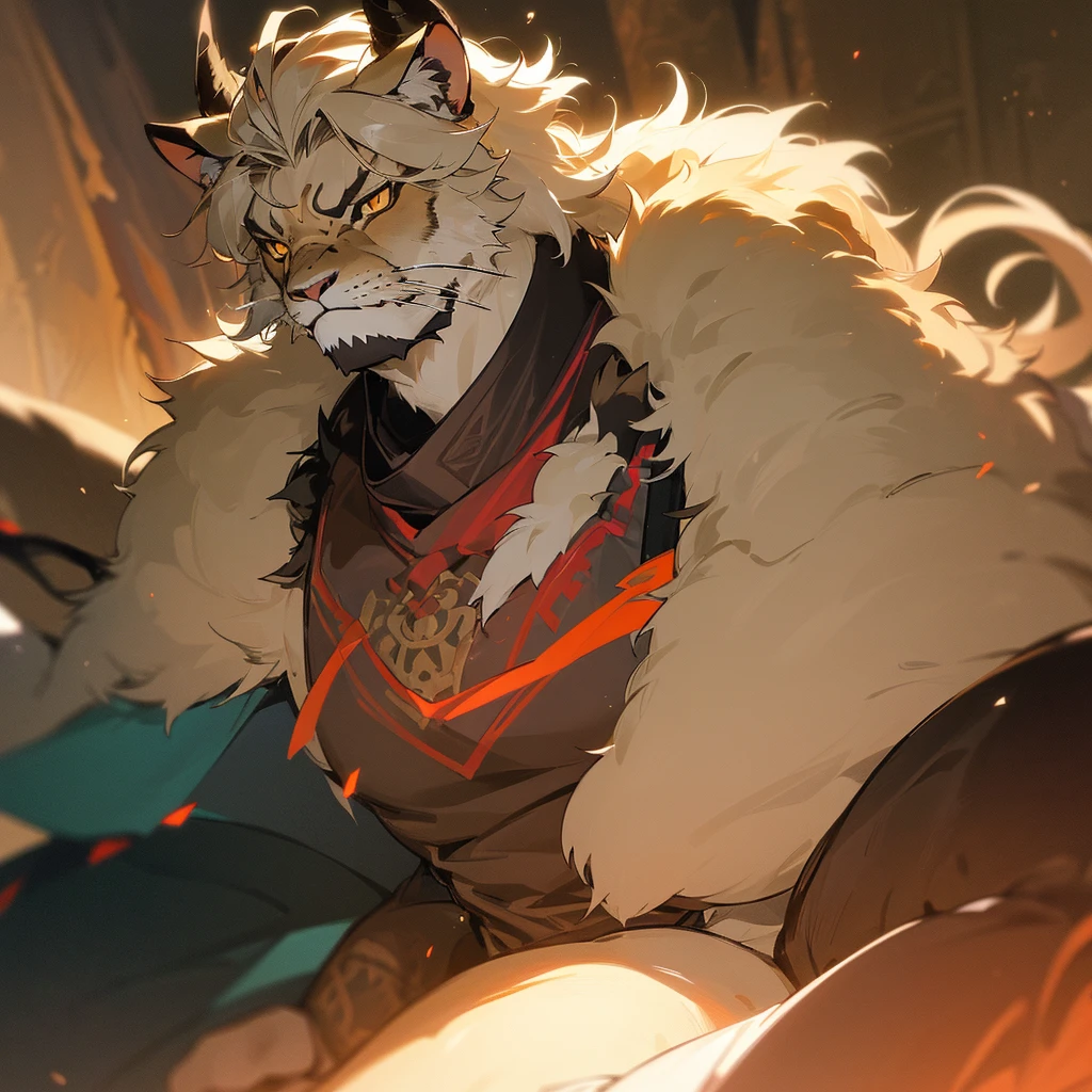 (best quality,4k,8k,highres,masterpiece:1.2),ultra-detailed,(realistic,photorealistic,photo-realistic:1.37),lion monster,goat horns,man-like features,savannah setting, curved ram horns, curved goat horns around ears, goat horns, ram horns, ferocious expression,sharp fangs,beady eyes,bulging muscles,glistening fur,dark and menacing atmosphere,mythical creature, licking his lips seductively, licking chops, licking his lips with a smirk, imposing presence,majestic mane,muscular body,impressive size,fierce growl,dark color palette,ominous lighting,hint of smoke,subtle texture,dramatic shadows,majestic pose, full body covered in fur but muscles are visible, fluffy, fierce male lion, snarl, licking his lips, tail, half lion half human, savannah, savannah background, Savannah setting, portrait, one character, A lion-man hybrid named Azarel with the softest fur you’d ever touch is being kept by scientists in an enclosure to be tested, they wanted to see how it would react with a human being brought to it, little did they know it was in extreme rut being all alone with no mate… and now it finally has one… It speaks with a deep gravely voice and has two curved goat horns upon its head that curve around its ears, its head and face are mostly lion with a large fluffy mane but it’s body is more man-like.