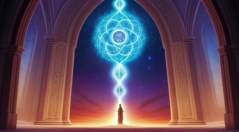 Be inspired by the majestic narrative of Creation! Crie uma imagem realista que retrate o poderoso ato divino de formar o mundo a partir do caos primordial. Crie uma imagem inspiradora com a seguinte frase: &#39;Meditation is the door to encountering the divine essence within us.' Use elementos visuais que transmitam serenidade, spirituality and connection." Use sober colors and Renaissance and Gothic techniques to create depth and realism. The image must convey the beauty and mystery of Creation, evoking admiration for the great divine work.