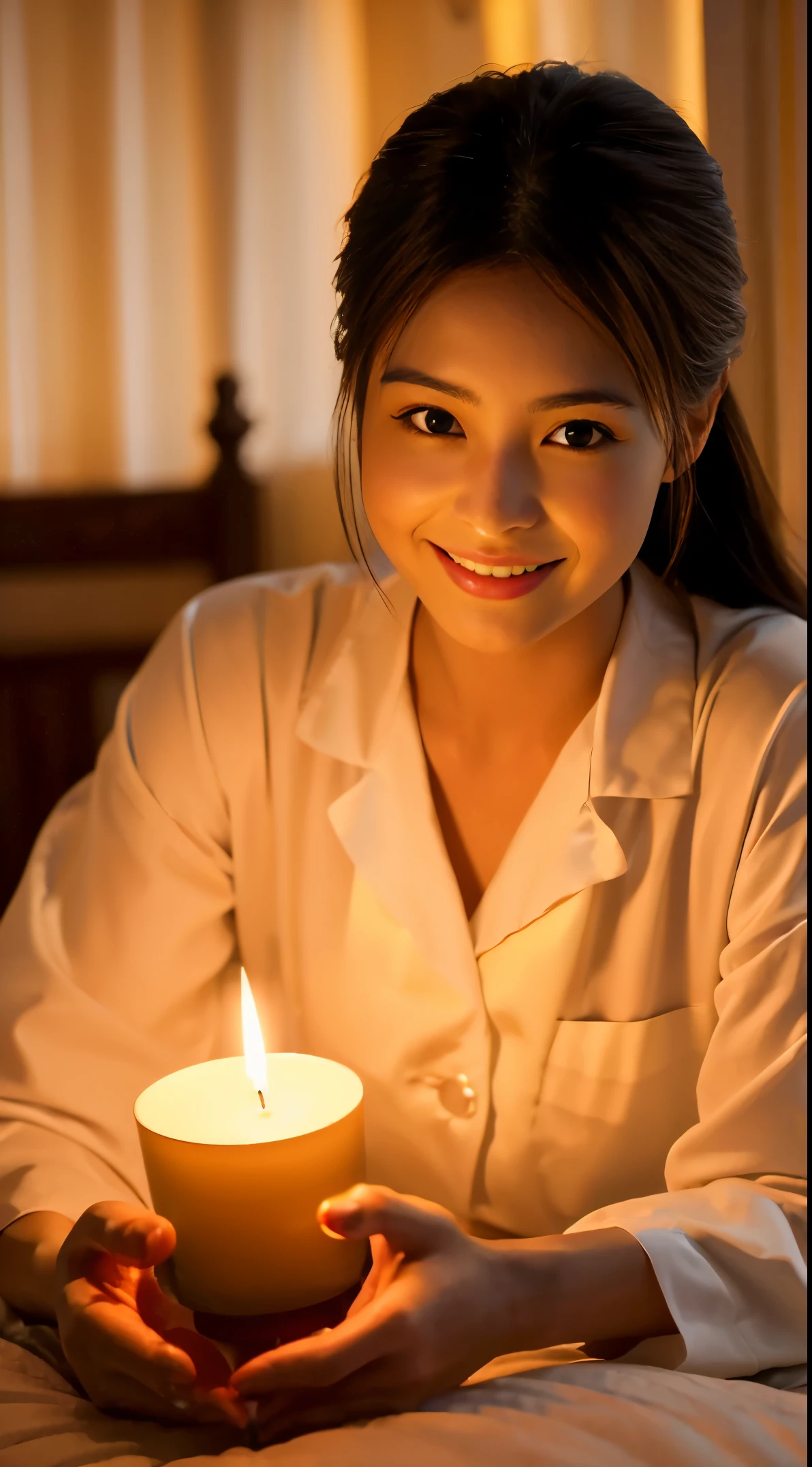 Photorealistic, high-quality 32k photo of a beautiful Japanese girl in elegant sleepwear, with detailed eyes and a serene smile, in a bedroom softly illuminated by candlelight. The gentle glow of the candles casts a warm, romantic light across the room, highlighting her peaceful expression and the intimate, soothing ambiance of the bedroom