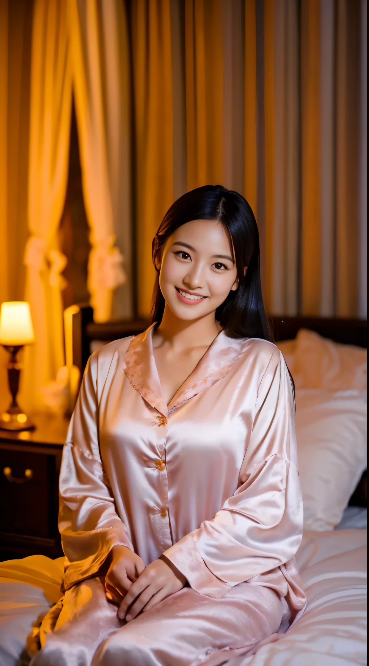 Photorealistic, high-quality 32k photo of a beautiful Japanese girl in elegant sleepwear, with detailed eyes and a serene smile, in a bedroom softly illuminated by candlelight. The gentle glow of the candles casts a warm, romantic light across the room, highlighting her peaceful expression and the intimate, soothing ambiance of the bedroom