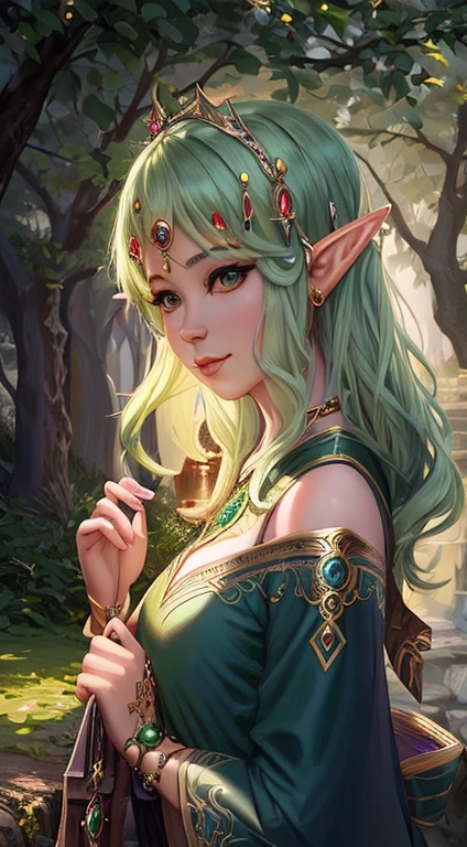 black wizard,image,Background Black。A green hair、绿裙子的女人的法德image, portrait of very beautiful elf, Elf Girl, A portrait of an elf, a A portrait of an elf, Elf Princess, Beautiful wood elves, beautiful and elegant female elf, A portrait of an elf queen, fantasy art style, Elf Princess, Very detailed ArtGerm, beautiful Elf Princess