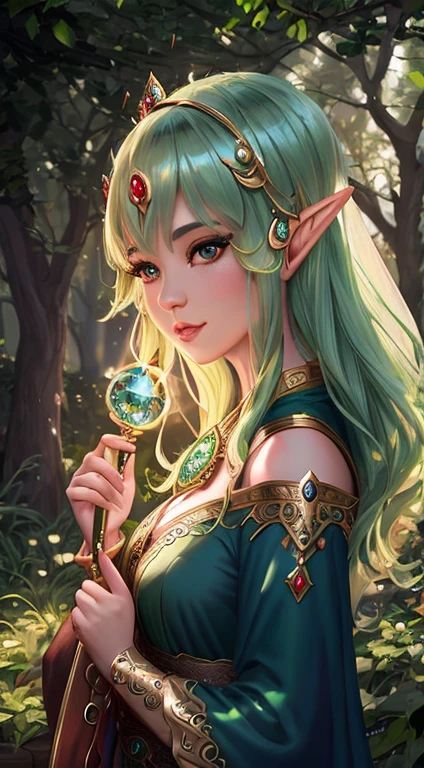 black wizard，image，Background Black。A green hair、绿裙子的女人的法德image, portrait of very beautiful elf, Elf Girl, A portrait of an elf, a A portrait of an elf, Elf Princess, Beautiful wood elves, beautiful and elegant female elf, A portrait of an elf queen, fantasy art style, Elf Princess, Very detailed ArtGerm, beautiful Elf Princess