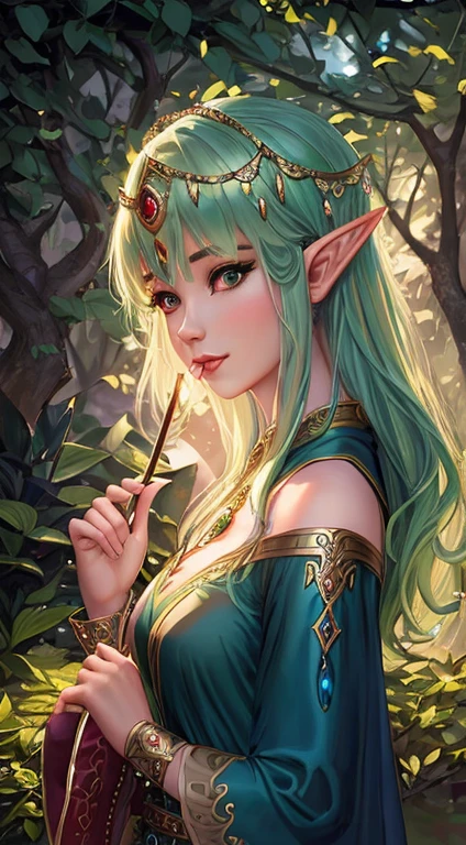 black wizard,image,Background Black。A green hair、绿裙子的女人的法德image, portrait of very beautiful elf, Elf Girl, A portrait of an elf, a A portrait of an elf, Elf Princess, Beautiful wood elves, beautiful and elegant female elf, A portrait of an elf queen, fantasy art style, Elf Princess, Very detailed ArtGerm, beautiful Elf Princess