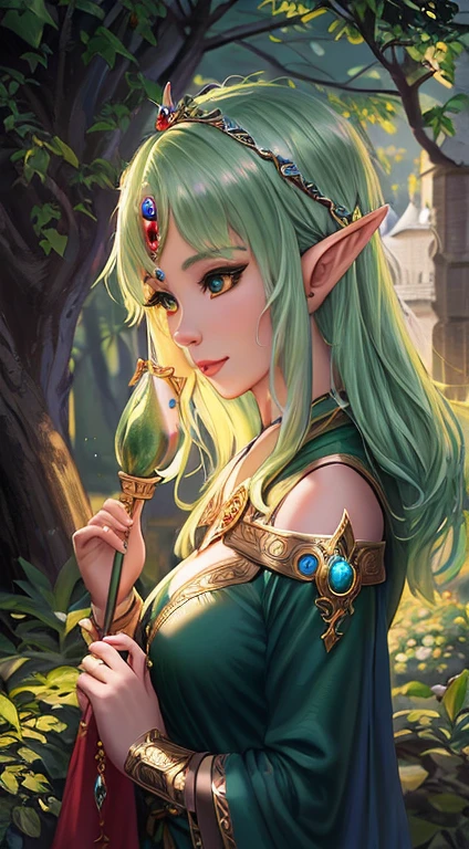 black wizard,image,Background Black。A green hair、绿裙子的女人的法德image, portrait of very beautiful elf, Elf Girl, A portrait of an elf, a A portrait of an elf, Elf Princess, Beautiful wood elves, beautiful and elegant female elf, A portrait of an elf queen, fantasy art style, Elf Princess, Very detailed ArtGerm, beautiful Elf Princess