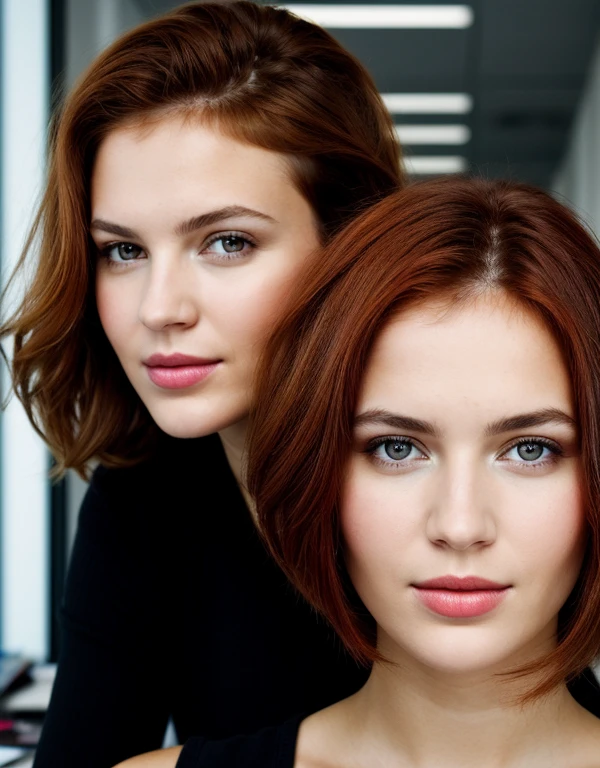 beautiful girl, half body portrait, kurzes, leuchtend rotes, zerzaustes Haar, schwarzer Lidschatten, im office work