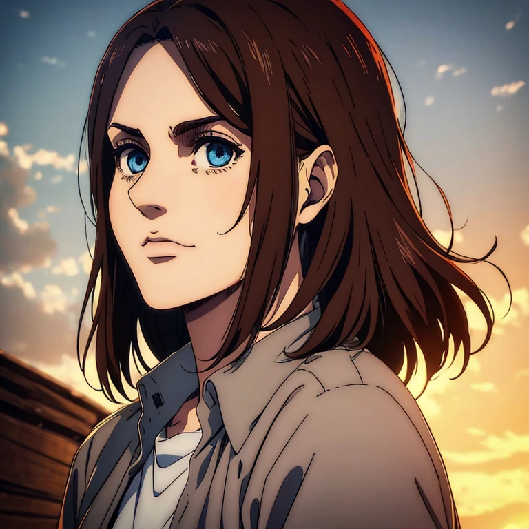 A female character who is younger with brown medium  hair in the Mappa art style. He has detailed  blue eyes. She is depicted in a grey shirt, showcasing a sharp jawline. She is also fair. She is also smiling a little.The artwork should have the best quality, with ultra-detailed and realistic features. The color palette should be vivid, and the lighting should emphasize the character's facial structure and expression.