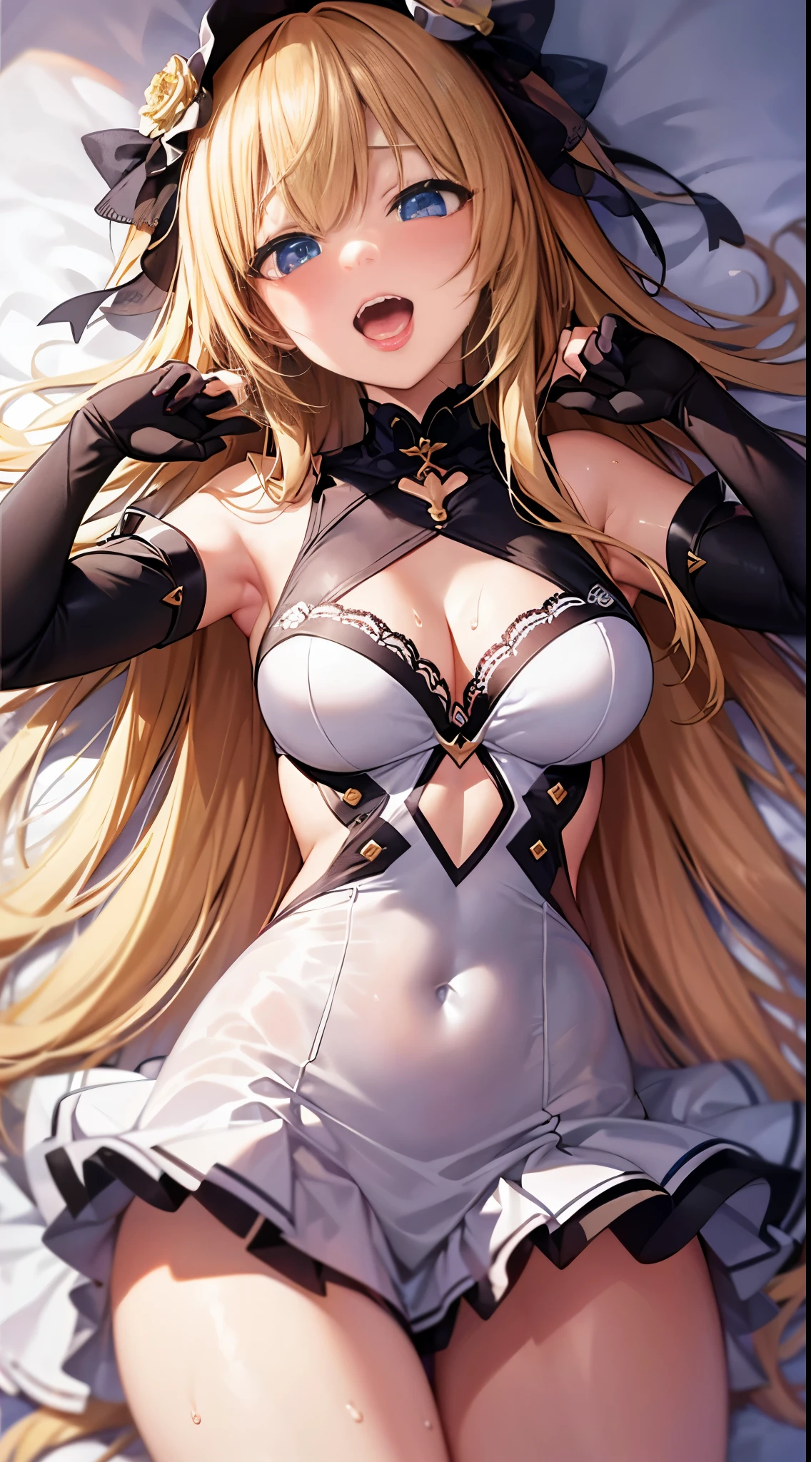 anime girl with long blonde hair and blue eyes in a white dress, small curvy loli, blonde anime girl with long hair, anime goddess, seductive anime girl, render of april, ecchi, from the azur lane videogame, splash art anime loli, ahegao, loli in dress, loli, pixiv 3dcg, ahegao, blush, sweat, open mouth, rolling eyes, tears, tongue out,