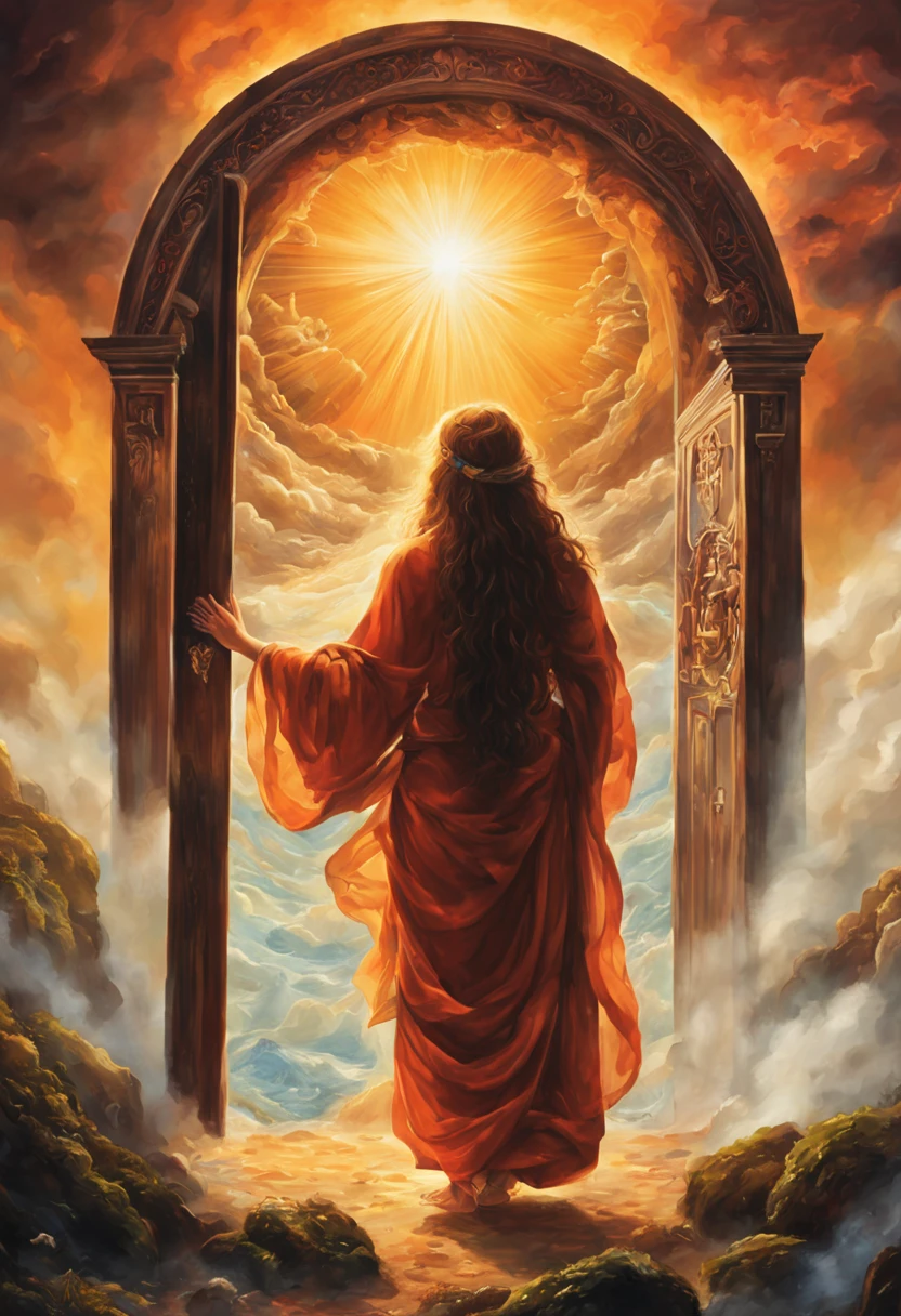 Be inspired by the majestic narrative of Creation! Crie uma imagem realista que retrate o poderoso ato divino de formar o mundo a partir do caos primordial. Crie uma imagem inspiradora com a seguinte frase: 'Meditation is the door to encountering the divine essence within us.' Use elementos visuais que transmitam serenidade, spirituality and connection." Use sober colors and Renaissance and Gothic techniques to create depth and realism. The image must convey the beauty and mystery of Creation, evoking admiration for the great divine work.