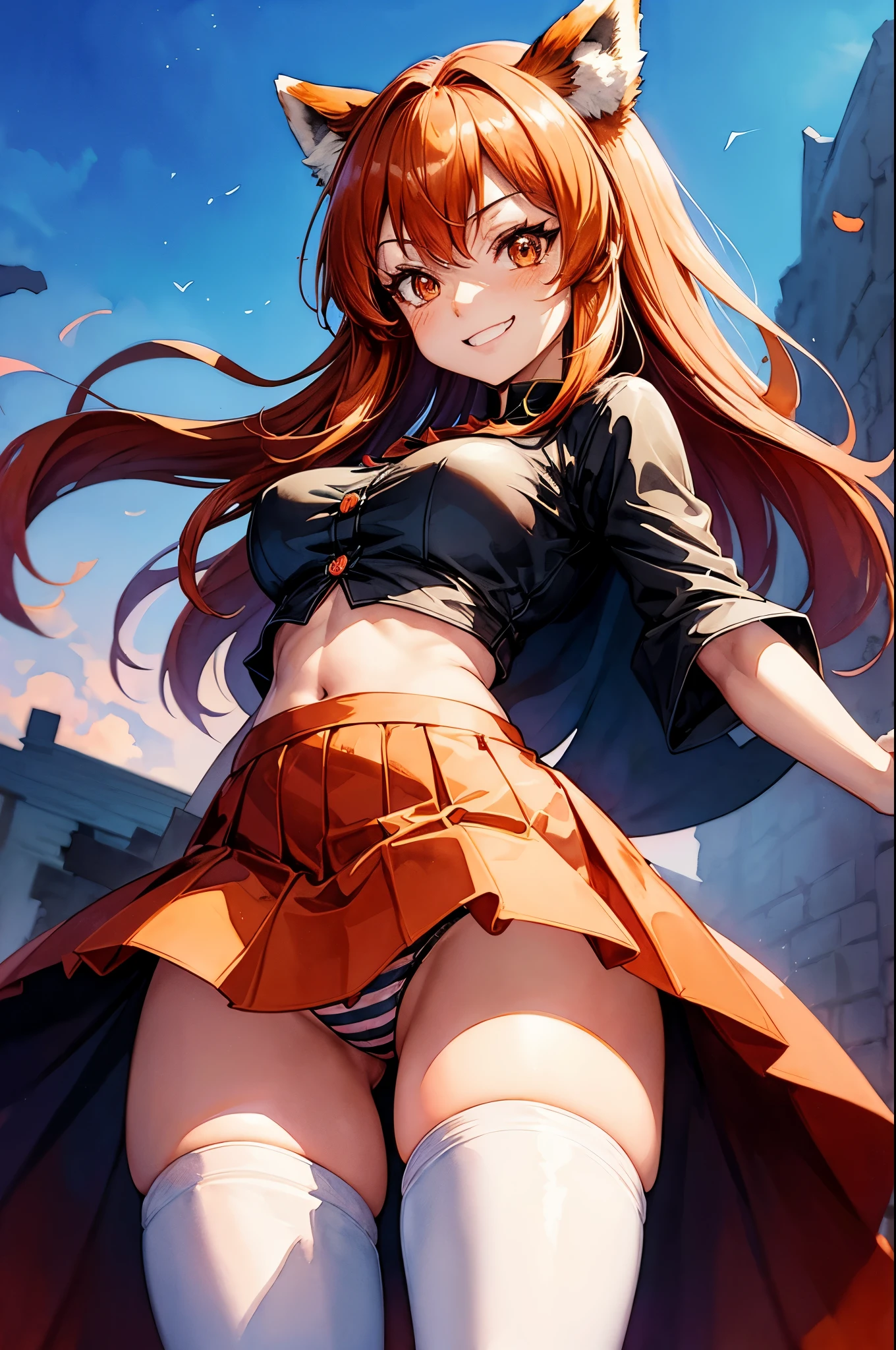 Anime moe style, (Big thighs), ((big hips)), thin waist, ((flat stomach)), Cheeky grin, (((mischievous))), dom, sadist, Red hair, (Orange eyes), (tight Button shirt), (short skirt), (Upskirt angle showing striped panties), (black blouse), (short black cape), ((Red Panda ears)), (((Red Panda tail))), (((bushy tail))), thin waist, volumetric lighting, (masterpiece), dynamic angle, (best quality), ((evening sky)), (((watercolor speedpaint Illustration))), (((white thigh highs)))