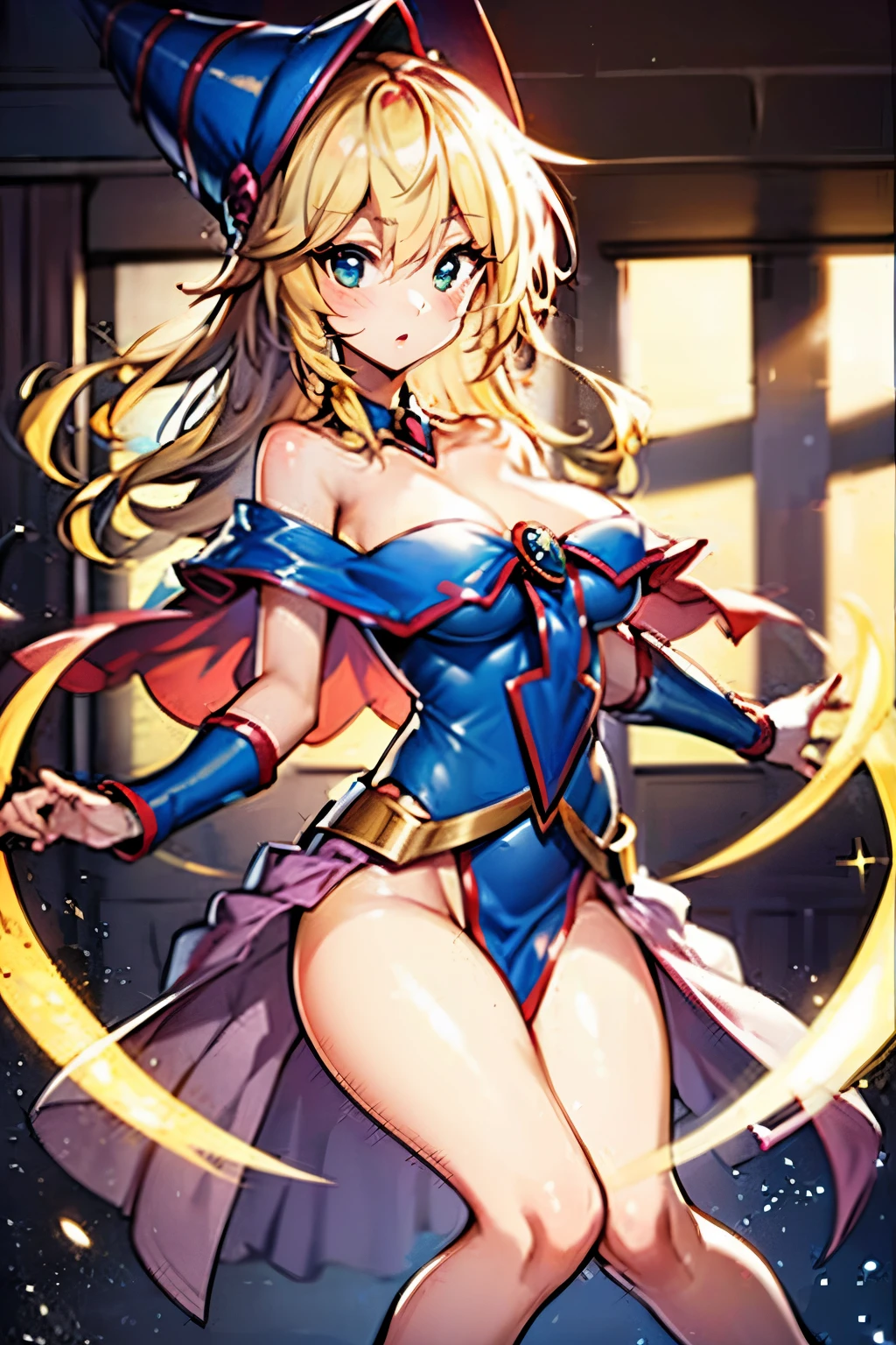 (Obra maestra:1.2), (La mejor calidad:1.2), Perfect lighting, Chica Maga Oscura, touching her and a heart with her fingers, flotando en el aire, tetas grandes, escote, fondo de magia. Corazones transparente en el hambiente, blue robe, sombrero grande, desde arriba, Destellos de magia