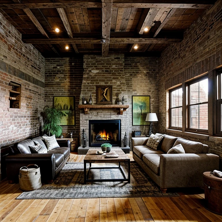 living room, unique style, rustic retreat, exposed brick walls,