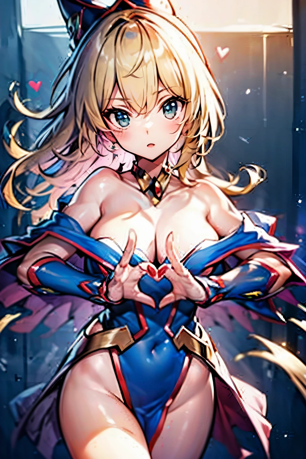 (Obra maestra:1.2), (La mejor calidad:1.2), Perfect lighting, Chica Maga Oscura, touching her and a heart with her fingers, flotando en el aire, tetas grandes, escote, fondo de magia. Corazones transparente en el hambiente, blue robe, sombrero grande, desde arriba, Destellos de magia