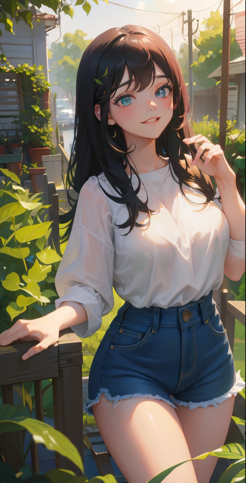 1 girl, mouth, lips, smiling, (perfect eyes), (details in the eyes), single focus, seductive beauty, big hair, locks, bangs, (lighting effects in the hair), (details in the hair), seductive expression, seductive aura, ambient lighting, (black blouse), (long tight ripped jeans), thick legs, thick thighs, background scene, in the backyard, background full of plants, green climate, green environment, (plants in the corners), day beautiful, (body getting wet), intricate details, enhanced lighting.