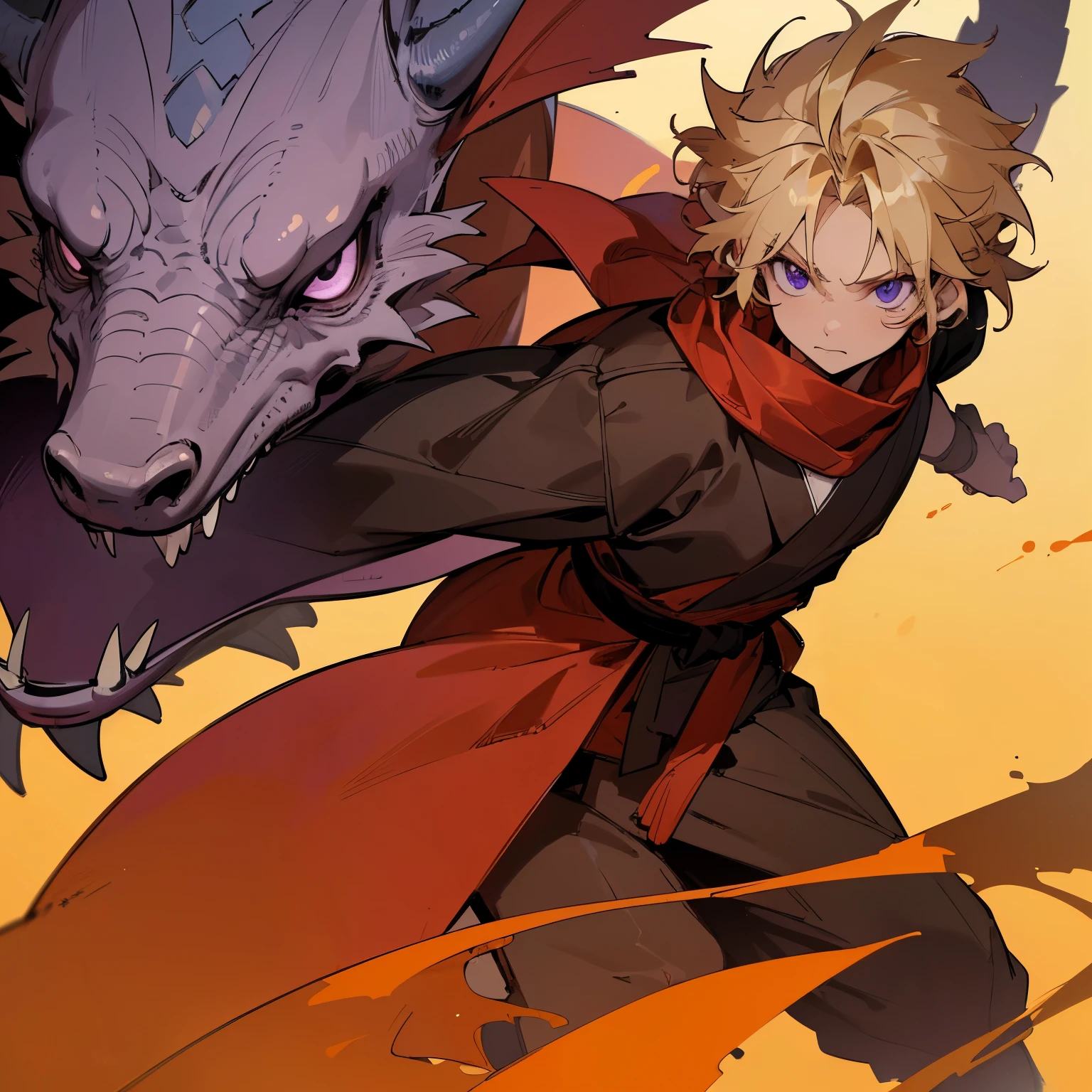 (best quality,4k,8k,highres,masterpiece:1.2),ultra-detailed,Blonde Hair,Brown Skin,Purple Eyes,Red Scarf,Martial Arts Clothing,Child,Young Male,1male,Messy Hair,Spiky Hair,Dojo Background,Dragon Symbol on clothing