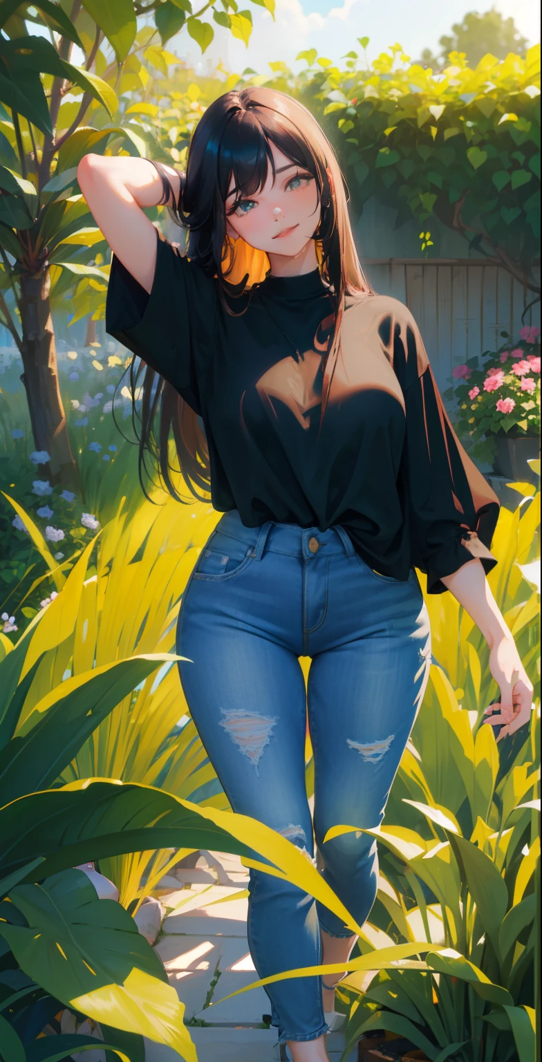 1 girl, mouth, lips, smiling, (perfect eyes), (details in the eyes), single focus, seductive beauty, big hair, locks, bangs, (lighting effects in the hair), (details in the hair), seductive expression, seductive aura, ambient lighting, (black blouse), (long tight ripped jeans), thick legs, thick thighs, background scene, in the backyard, background full of plants, green climate, green environment, (plants in the corners), day beautiful, (body getting wet), intricate details, enhanced lighting.
