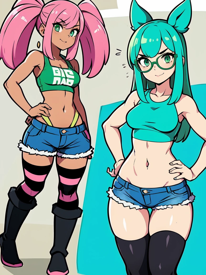 1girl, small breasts, small hips, green eyes, pink hair, crop top, denim shorts, bedroom, striped thighhighs,,pervert, petite, glasses,