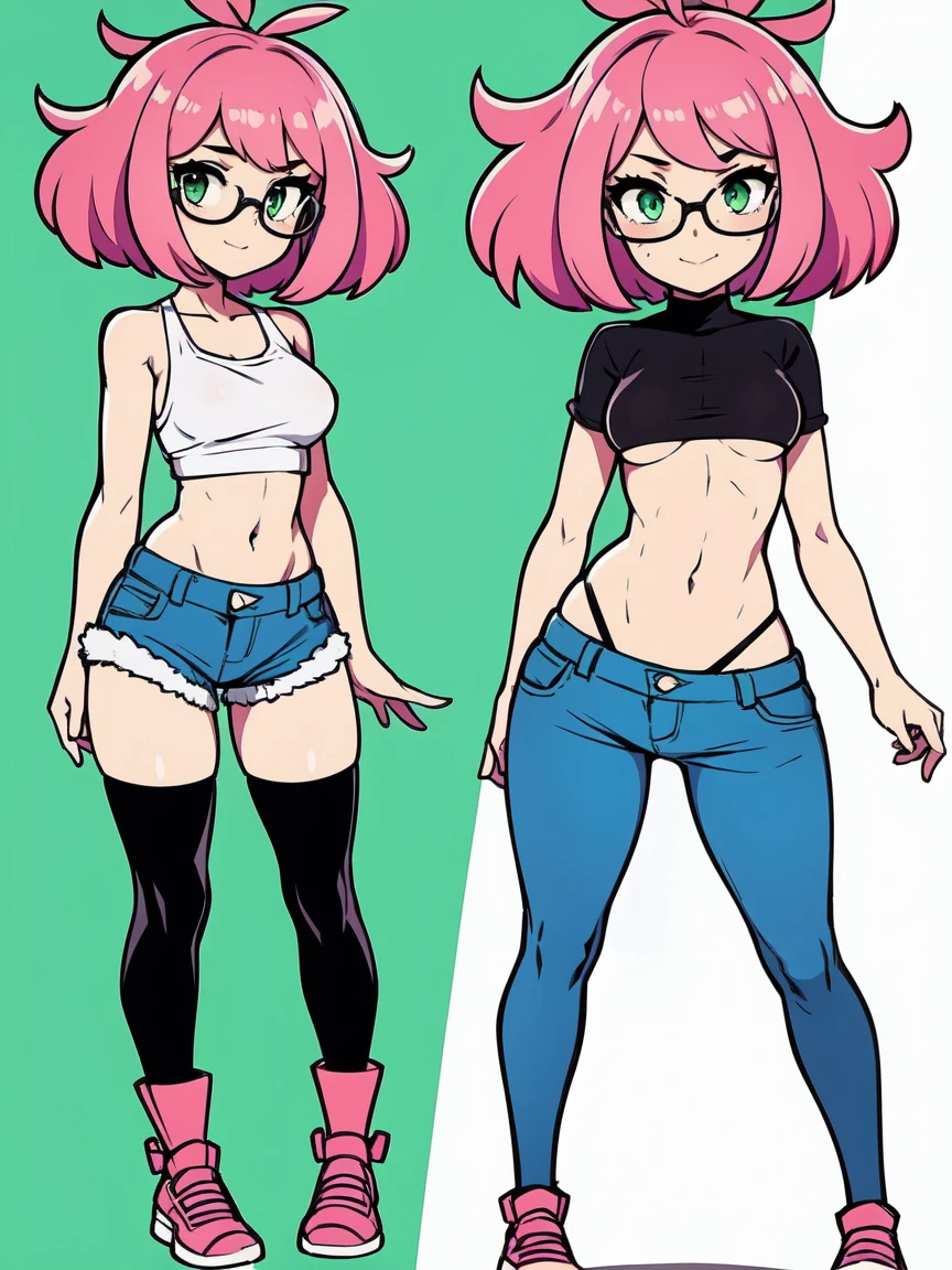1girl, small breasts, small hips, green eyes, pink hair, crop top, denim shorts, bedroom, striped thighhighs,,pervert, petite, glasses,